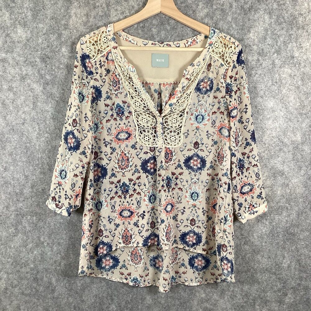 Maeve Stillwater Blouse Henley Top Size *Medium Neutral Motif ANTHROPOLOGIE BOHO